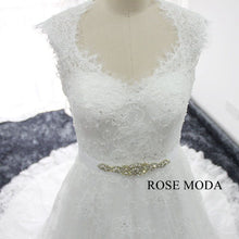 Load image into Gallery viewer, rosemoda-chantilly-lace-a-line-wedding-dress-with-removable-crystal-belt-f.jpg