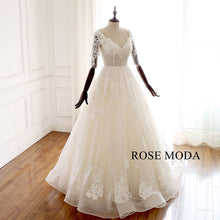 Load image into Gallery viewer, rosemoda-half-sleeve-illusion-beaded-lace-ball-gown-wedding-dress-b.jpg