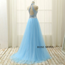Load image into Gallery viewer, rosemoda-halter-beaded-blue-a-line-prom-dress-d.jpg