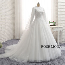 Load image into Gallery viewer, rosemoda-high-neck-long-sleeve-muslim-ball-gown-wedding-dress-b.jpg