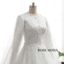 Load image into Gallery viewer, rosemoda-high-neck-long-sleeve-muslim-ball-gown-wedding-dress-d.jpg