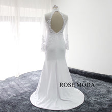Load image into Gallery viewer, rosemoda-illusion-bodice-long-sleeve-sheath-wedding-dress-with-cut-out-back-c.jpg