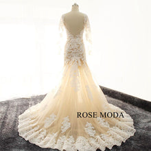 Load image into Gallery viewer, rosemoda-illusion-champagne-long-sleeve-mermaid-wedding-dress-d.jpg