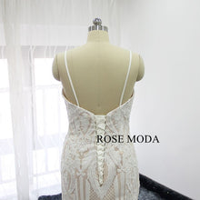 Load image into Gallery viewer, rosemoda-ivory-sequin-lace-over-champagne-mermaid-wedding-dress-f.jpg