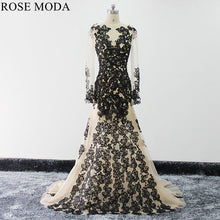 Load image into Gallery viewer, rosemoda-long-sleeve-champagne-mermaid-wedding-dress-with-black-lace-a.jpg