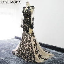 Load image into Gallery viewer, rosemoda-long-sleeve-champagne-mermaid-wedding-dress-with-black-lace-b.jpg