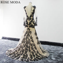 Load image into Gallery viewer, rosemoda-long-sleeve-champagne-mermaid-wedding-dress-with-black-lace-c.jpg