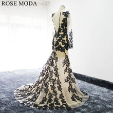 Load image into Gallery viewer, rosemoda-long-sleeve-champagne-mermaid-wedding-dress-with-black-lace-d.jpg