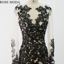 Load image into Gallery viewer, rosemoda-long-sleeve-champagne-mermaid-wedding-dress-with-black-lace-e.jpg