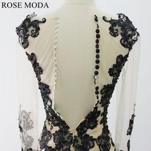 Load image into Gallery viewer, rosemoda-long-sleeve-champagne-mermaid-wedding-dress-with-black-lace-f.jpg