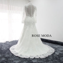 Load image into Gallery viewer, rosemoda-long-sleeve-fitted-trumpet-lace-wedding-dress-with-illusion-back-f.jpg