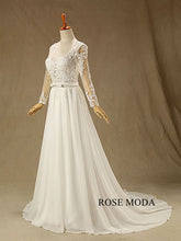 Load image into Gallery viewer, rosemoda-long-sleeve-illusion-chiffon-a-line-wedding-dress-b.jpg
