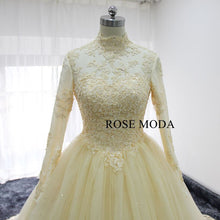 Load image into Gallery viewer, rosemoda-long-sleeve-muslim-champagne-ball-gown-wedding-dress-e.jpg