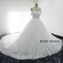 Load image into Gallery viewer, rosemoda-off-the-shoulder-3D-lace-ball-gown-wedding-dress-with-royal-train-b.jpg