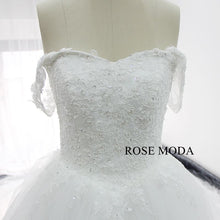 Load image into Gallery viewer, rosemoda-off-the-shoulder-3D-lace-ball-gown-wedding-dress-with-royal-train-d.jpg
