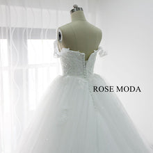 Load image into Gallery viewer, rosemoda-off-the-shoulder-3D-lace-ball-gown-wedding-dress-with-royal-train-e.jpg