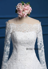 Load image into Gallery viewer, rosemoda-off-the-shoulder-long-sleeve-lace-ball-gown-wedding-dress-e.jpg