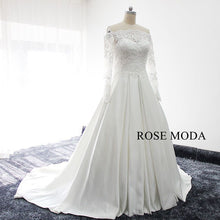 Load image into Gallery viewer, rosemoda-off-the-shoulder-long-sleeve-lace-satin-wedding-dress-b.jpg