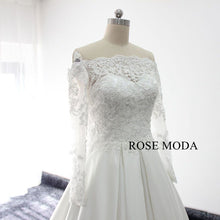 Load image into Gallery viewer, rosemoda-off-the-shoulder-long-sleeve-lace-satin-wedding-dress-c.jpg