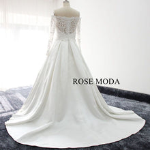Load image into Gallery viewer, rosemoda-off-the-shoulder-long-sleeve-lace-satin-wedding-dress-f.jpg
