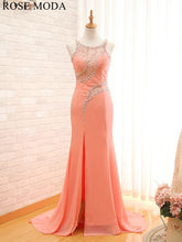 Load image into Gallery viewer, rosemoda-peach-beading-chiffon-fitted-sheath-prom-dress-a.jpg