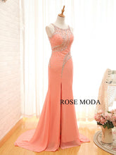 Load image into Gallery viewer, rosemoda-peach-beading-chiffon-fitted-sheath-prom-dress-b.jpg