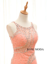 Load image into Gallery viewer, rosemoda-peach-beading-chiffon-fitted-sheath-prom-dress-e.jpg