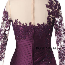 Load image into Gallery viewer, rosemoda-purple-long-sleeve-mermaid-satin-mother-dress-g.jpg