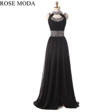Load image into Gallery viewer, rosemoda-sequin-black-chiffon-slit-a-line-evening-dress-a.jpg