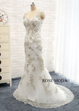 Load image into Gallery viewer, rosemoda-sheath-silver-lace-wedding-dress-b.jpg