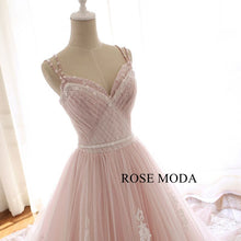 Load image into Gallery viewer, rosmeoda-ivory-lace-over-blush-ball-gown-wedding-dress-d.jpg