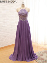 Load image into Gallery viewer, rosmeoda-purple-beaded-chiffon-a-line-prom-dress-a.jpg