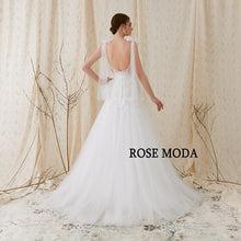 Load image into Gallery viewer, Rosemoda V Neck Lace Fit and Flare Trumpet Wedding Dress With Open Back