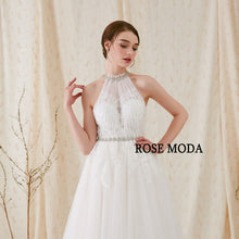 Load image into Gallery viewer, Rosemoda Boho Crystal Halter A Line Wedding Dress