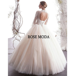 Rosemoda Long Sleeve Illusion Lace Princess Vintage Ball Gown Wedding Dress