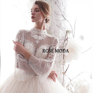 Rosemoda Long Sleeve Illusion Lace Princess Vintage Ball Gown Wedding Dress