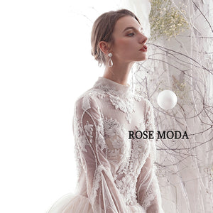 Rosemoda Long Sleeve Illusion Lace Princess Vintage Ball Gown Wedding Dress