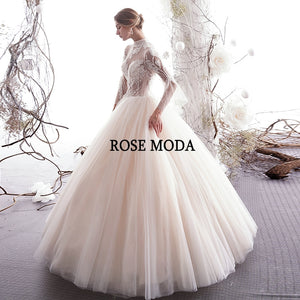 Rosemoda Long Sleeve Illusion Lace Princess Vintage Ball Gown Wedding Dress