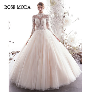 Rosemoda Long Sleeve Illusion Lace Princess Vintage Ball Gown Wedding Dress