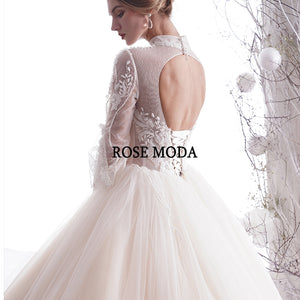 Rosemoda Long Sleeve Illusion Lace Princess Vintage Ball Gown Wedding Dress