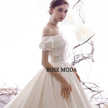 Load image into Gallery viewer, RoseModaClassicOfftheShoulderSatinPrincessWeddingDresswithLongTrainLaceUpBackVintageBallGown-g.jpg
