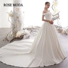 Load image into Gallery viewer, RoseModaSimpleOfftheShoulderSatinWeddingDresswithLongTrainLaceUpBackCustomMake-a.jpg
