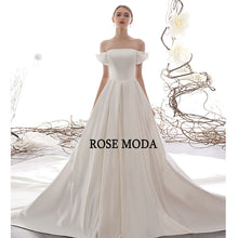 Load image into Gallery viewer, RoseModaSimpleOfftheShoulderSatinWeddingDresswithLongTrainLaceUpBackCustomMake-b.jpg
