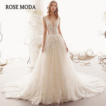 Load image into Gallery viewer, RosemodaIllusionDeepVNeckLaceWeddingDressVBackBohoWeddingDresseswithTrainCustomMake-a.jpg
