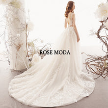 Load image into Gallery viewer, RosemodaIllusionDeepVNeckLaceWeddingDressVBackBohoWeddingDresseswithTrainCustomMake-b.jpg
