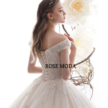 Load image into Gallery viewer, RosemodaLuxuryOffShoulderWeddingDresswithCrystalsLaceUpBackLongTrain-e.jpg
