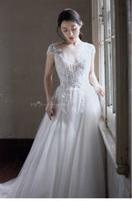 Load image into Gallery viewer, Rosemoda Cap Sleeve Lace Illusion Glitter Ball Gown Wedding Dress
