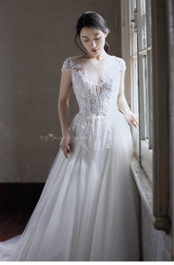 Rosemoda Cap Sleeve Lace Illusion Glitter Ball Gown Wedding Dress