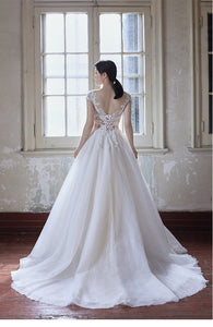 Rosemoda Cap Sleeve Lace Illusion Glitter Ball Gown Wedding Dress