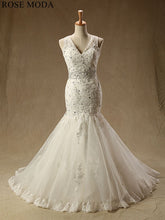 Load image into Gallery viewer, rosemoda-beaded-lace-mermaid-wedding-dress-with-strap-a.jpg
